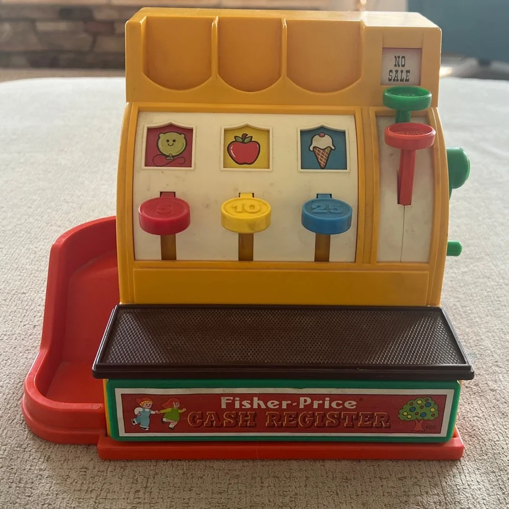 Vintage 1974 Fisher-Price Cash Register 926 Toy with 5 Coins Made in USA